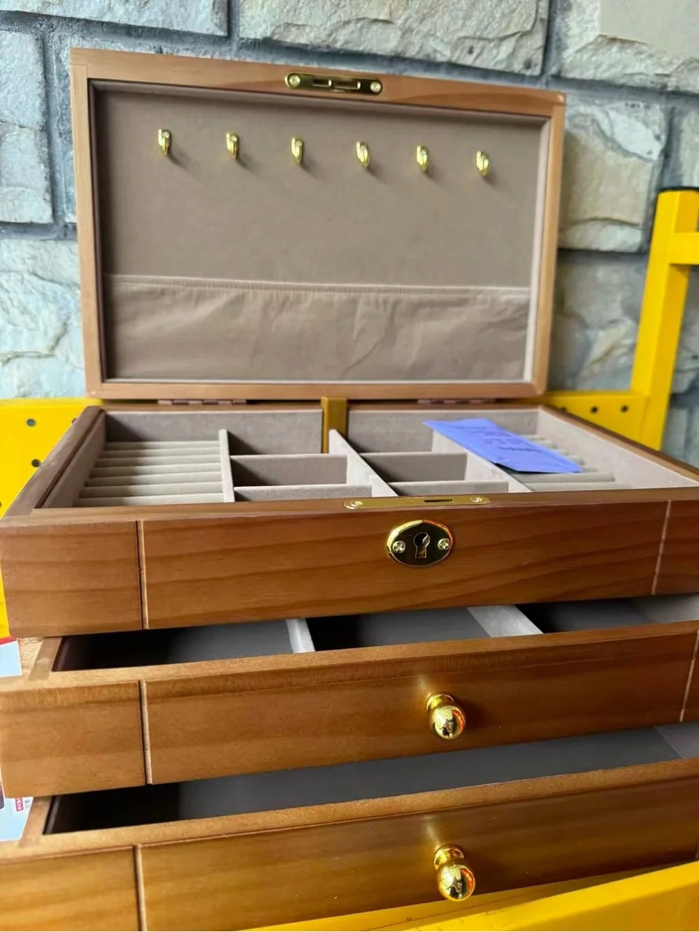 Wood Grain Jewelry Organizer Box with Gold Hardware - Brown